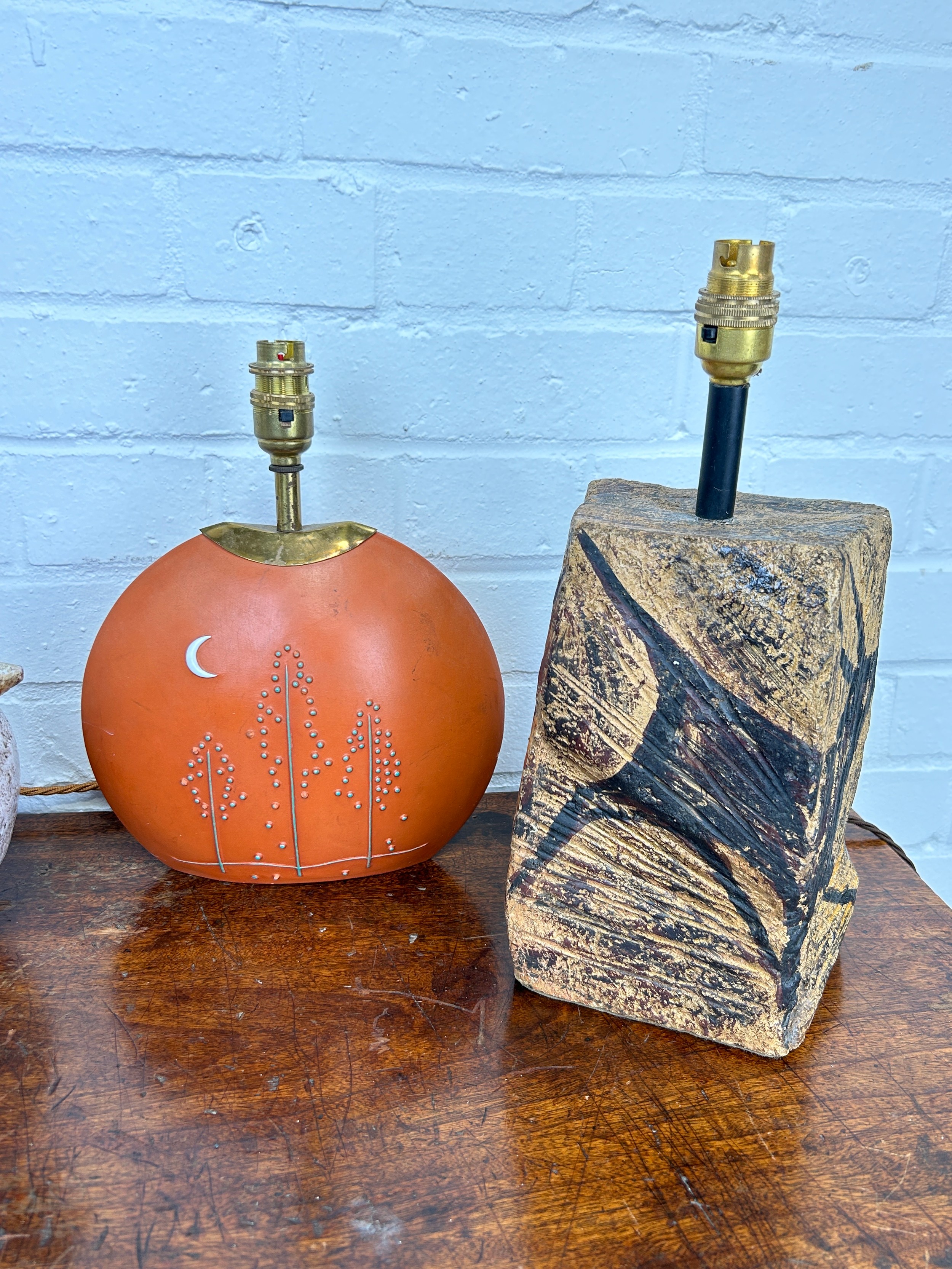 A GROUP OF THREE MID CENTURY CERAMIC TABLE LAMPS, Including a cave art painted lamp, a 1970's French - Image 3 of 3