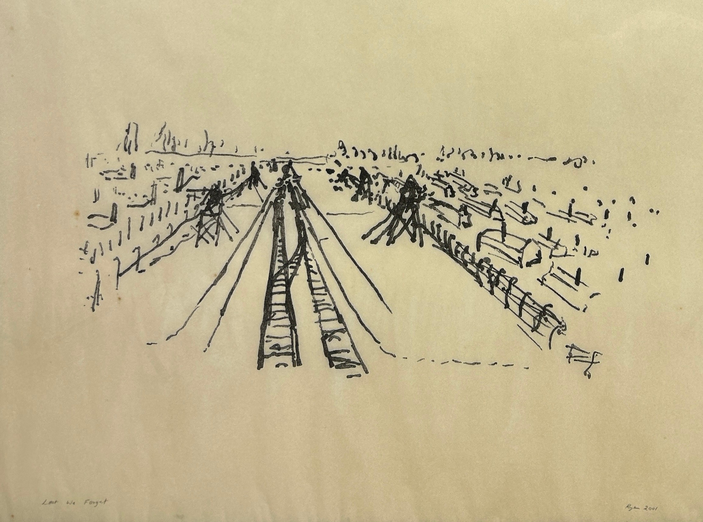 HOLOCAUST MEMORIAL: A PEN ON PAPER DRAWING SIGNED 'RYAN 2001', 98cm x 73cm Mounted in a frame and - Image 2 of 4