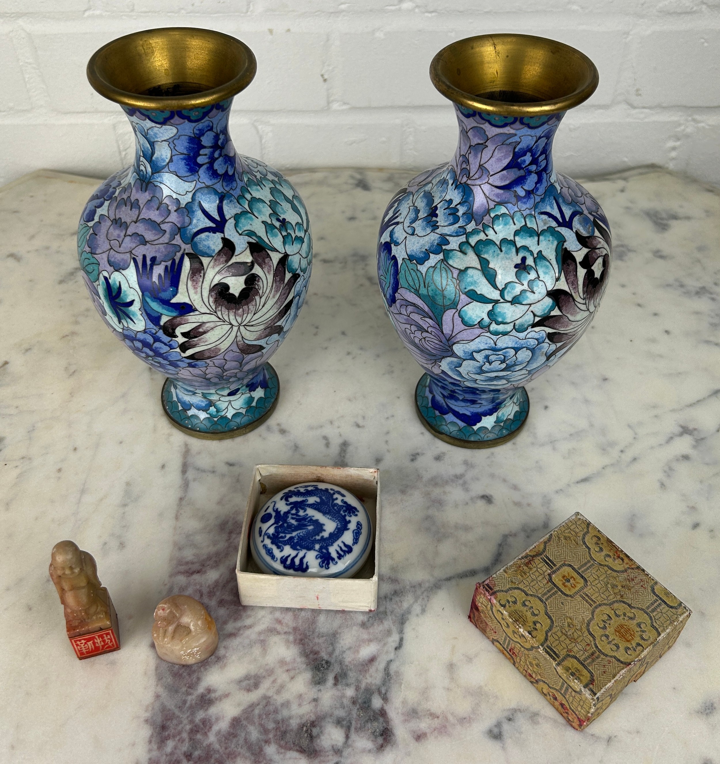 A PAIR OF CHINESE CLOISSONNE VASES, Along with a soapstone seals, and a blue and white porcelain ink