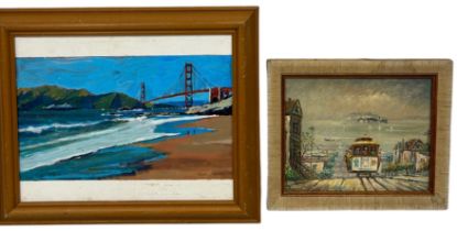 TWO OIL PAINTINGS ON BOARD DEPICTING LOS ANGELES VIEW SAN FRANCISCO, THE GOLDEN GATE BRIDGE' (2)