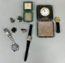 A COLLECTION OF WATCHES AND CLOCKS ALONG WITH A COIN,