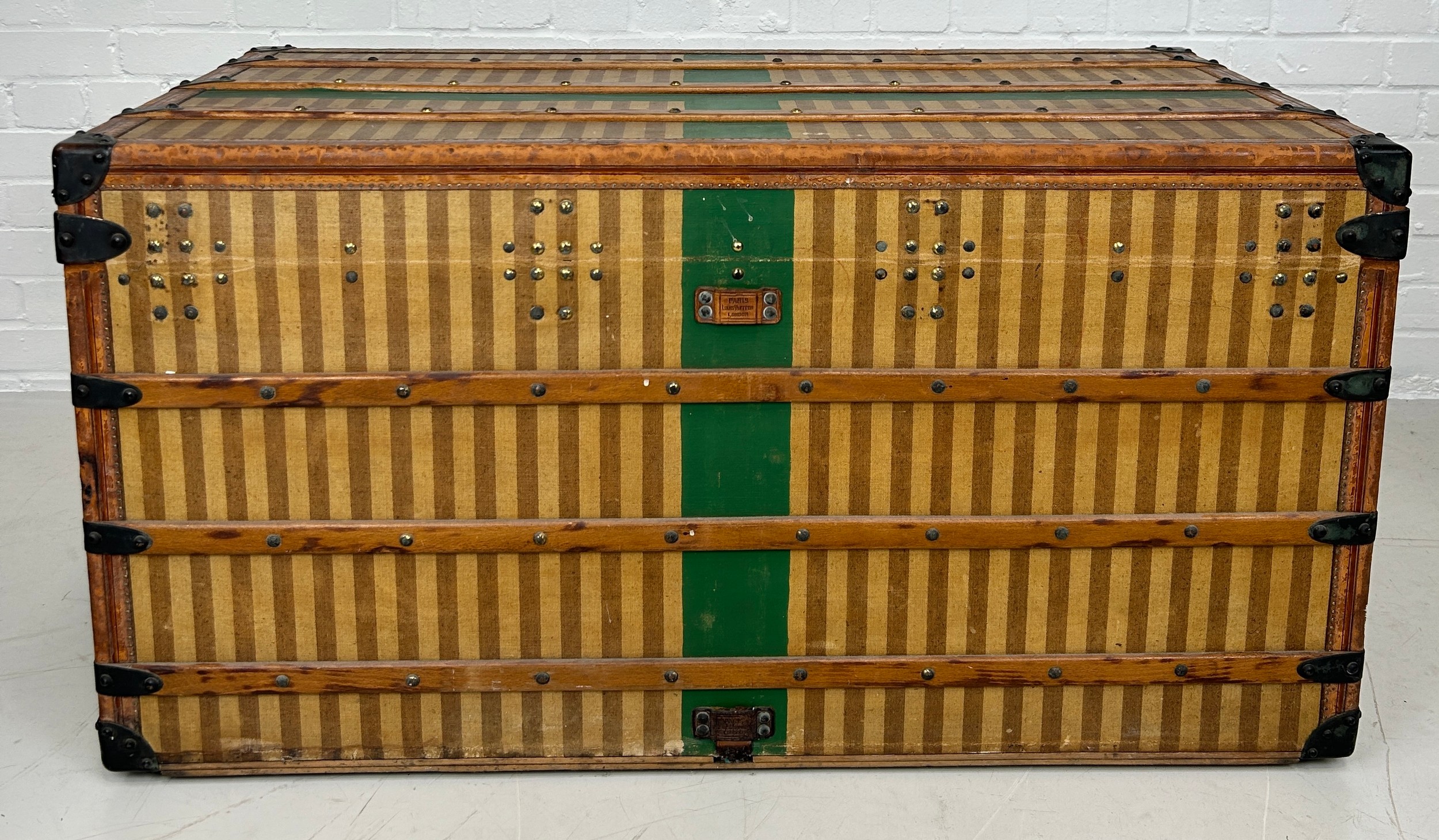 A 19TH CENTURY LOUIS VUITTON TRUNK CIRCA 1885, Brown striped design with leather details and green - Image 4 of 19