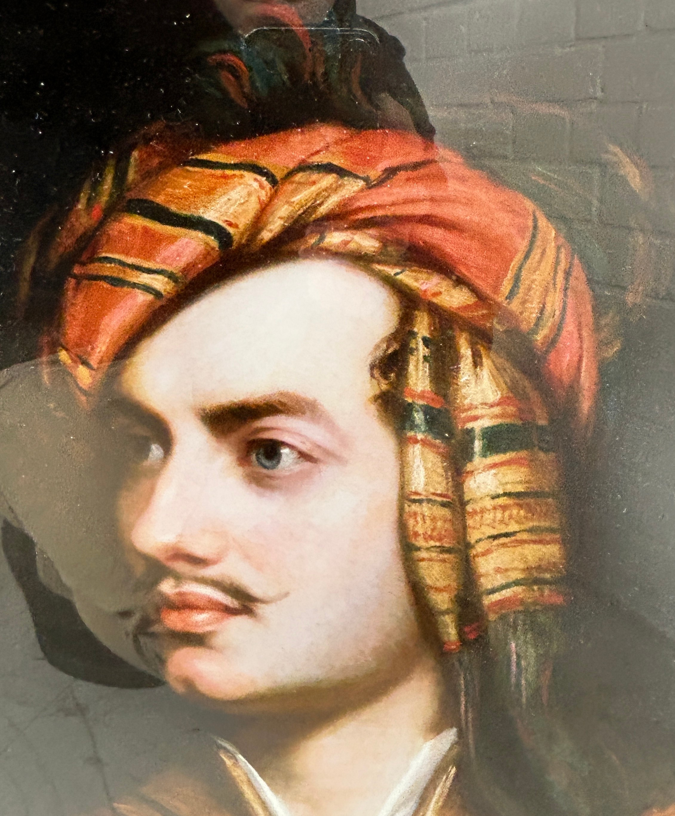 A VERY FINE LITHOGRAPHIC PRINT OF LORD BYRON IN AN ALBANIAN OR GREEK DRESS, 61cm x 60cm Mounted in a - Image 2 of 2