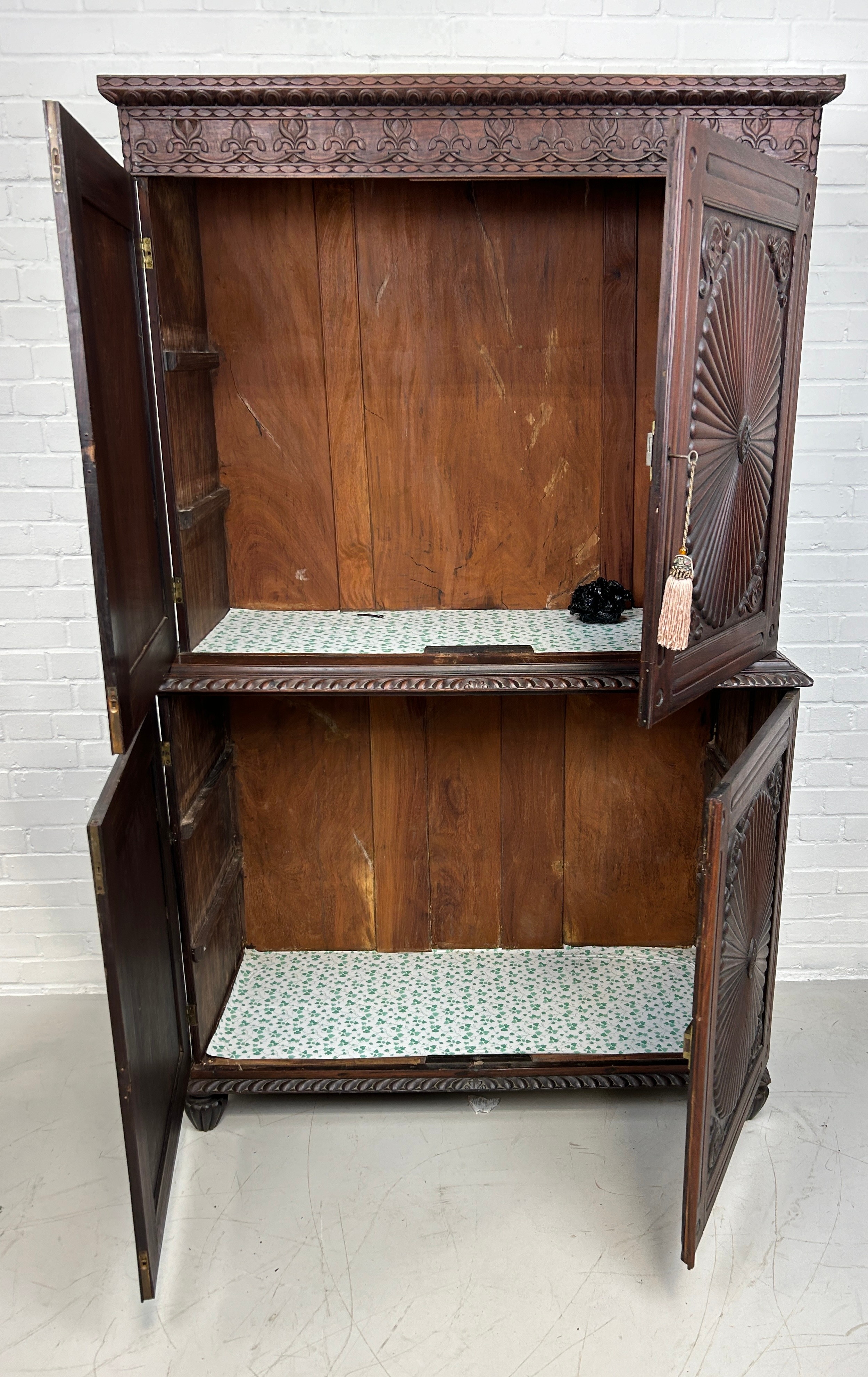A 19TH CENTURY ANGLO INDIAN ROSEWOOD SECTIONAL WARDROBE WITH SUNBURST DESIGN PANELS, 194cm x 120cm x - Image 8 of 9
