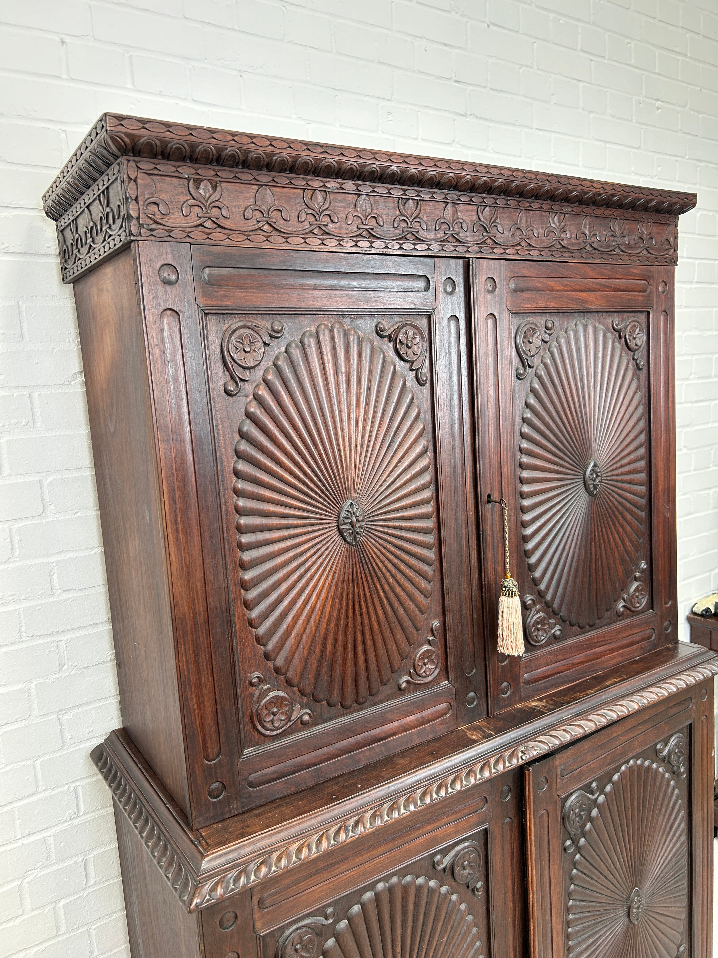 A 19TH CENTURY ANGLO INDIAN ROSEWOOD SECTIONAL WARDROBE WITH SUNBURST DESIGN PANELS, 194cm x 120cm x - Image 7 of 9