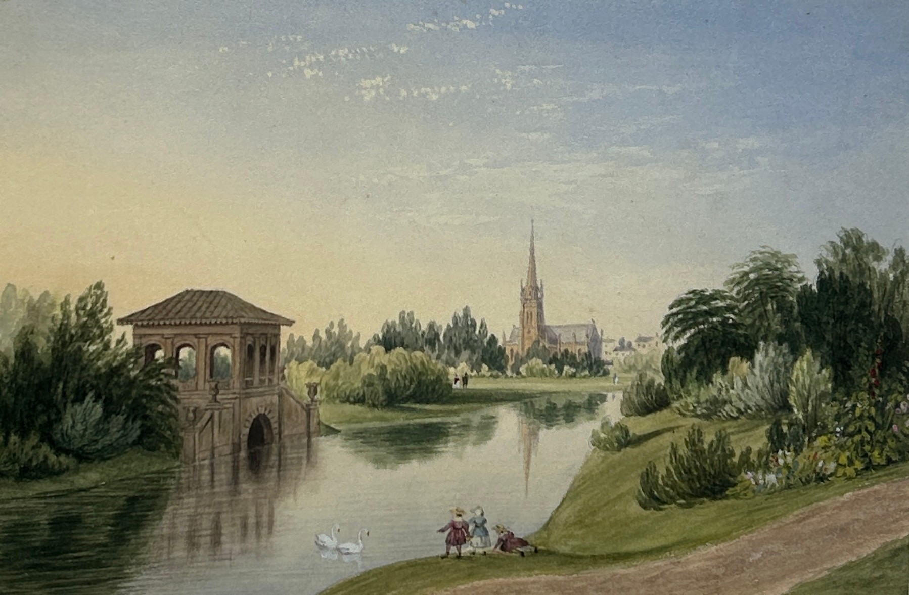 A PAIR OF 19TH CENTURY WATERCOLOUR PAINTINGS ON PAPER DEPICTING A LAKE SCENE WITH DISTANT - Image 3 of 4