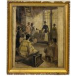 A PAINTED PRINT DEPICTING CHINESE LADIES ATTENDING SCHOOL LESSONS, 44.5cm x 37cm