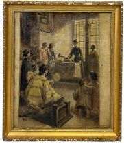 A PAINTED PRINT DEPICTING CHINESE LADIES ATTENDING SCHOOL LESSONS, 44.5cm x 37cm