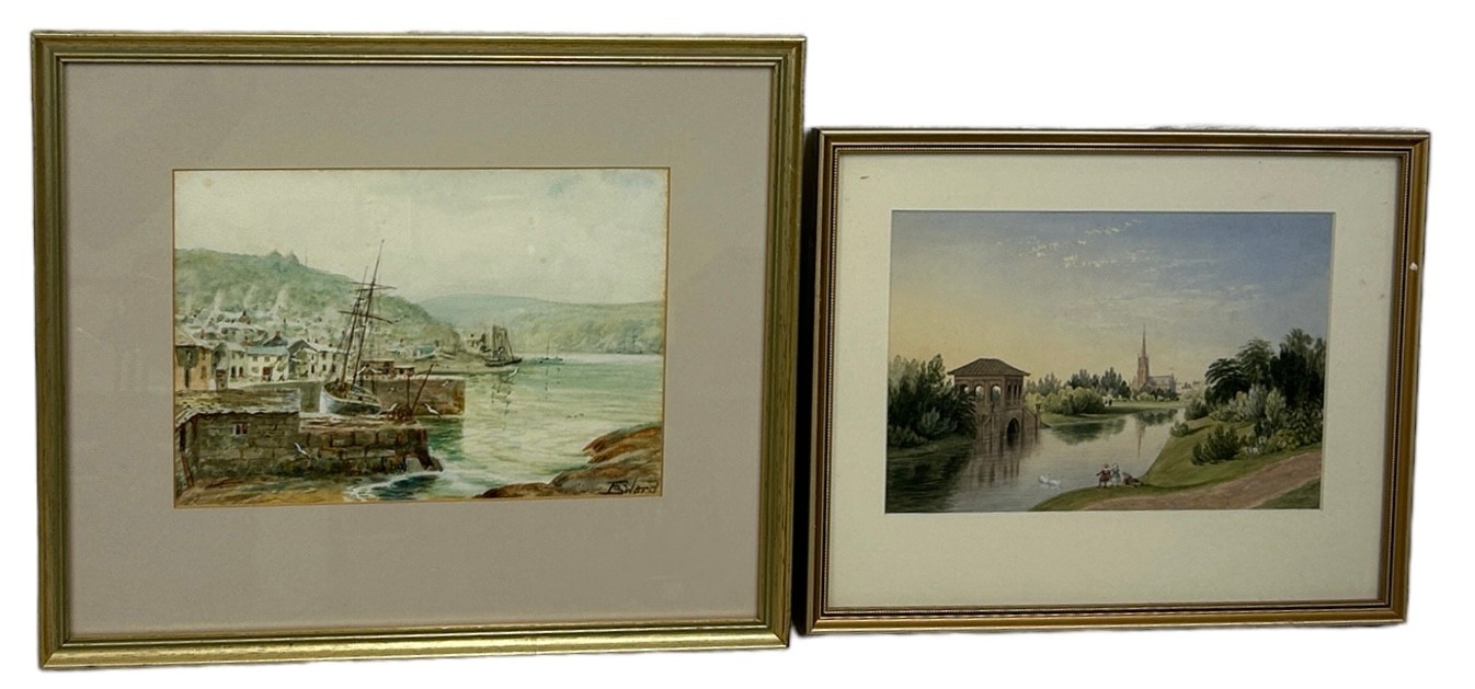 A PAIR OF 19TH CENTURY WATERCOLOUR PAINTINGS ON PAPER DEPICTING A LAKE SCENE WITH DISTANT