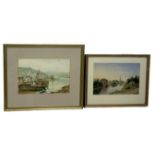 A PAIR OF 19TH CENTURY WATERCOLOUR PAINTINGS ON PAPER DEPICTING A LAKE SCENE WITH DISTANT