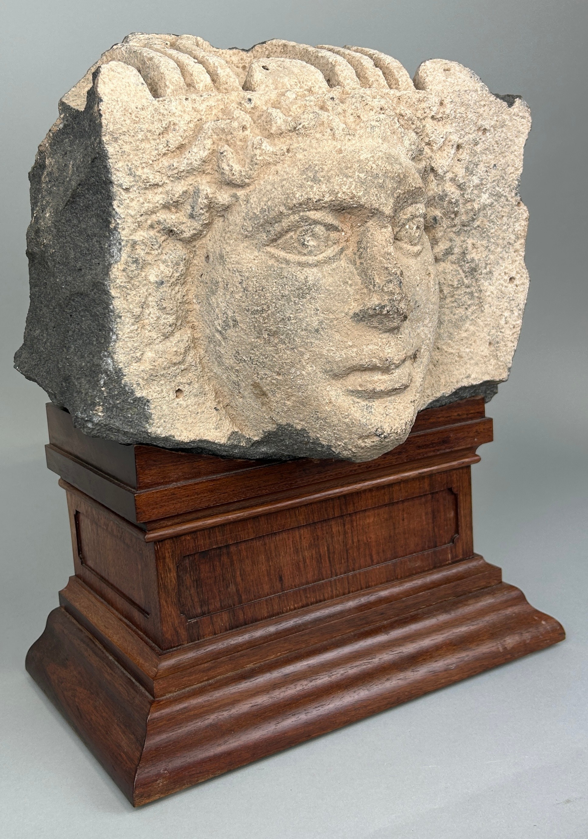 AN EAST ROMAN 'HAURAN' BASALT RELIEF FRAGMENT IN THE FORM OF A HUMAN HEAD CIRCA 2ND CENTURY A.D. The - Image 3 of 9