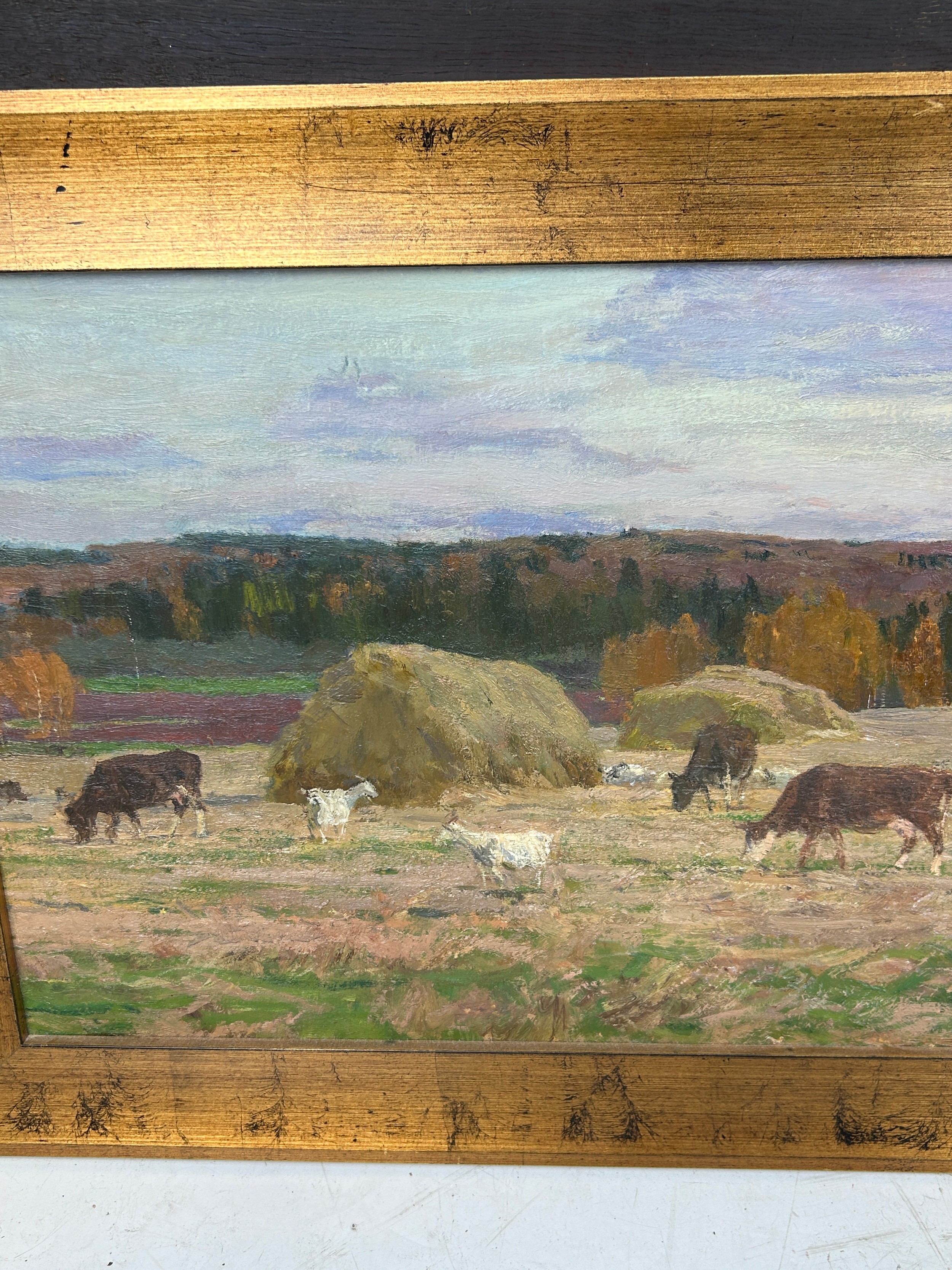 ALEKSEI MIKHAILOVICH GRITSAI (1914-1998): AN OIL ON BOARD PAINTING DEPICTING CATTLE IN A FIELD - Image 6 of 8