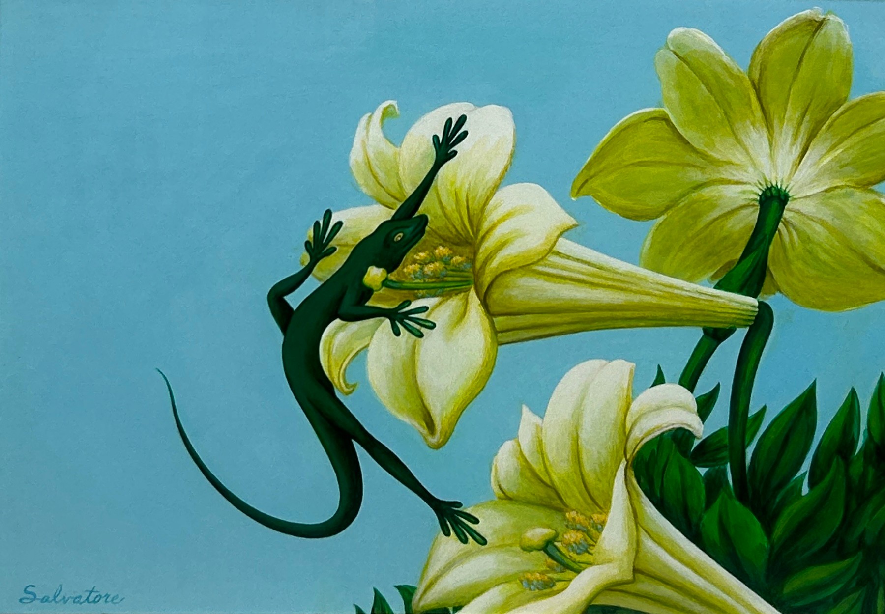 AN OIL ON BOARD PAINTING DEPICTING A GREEN LIZARD AND FLOWERS SIGNED 'SALVATORE', 34cm x 24cm - Image 2 of 3