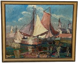 AN OIL ON CANVAS IMPASTO PAINTING DEPICTING SAILBOATS IN A HARBOUR, 60cm x 48cm