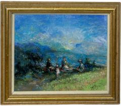 MICHAEL D'AGUILAR BRITISH (1924-2011): A PASTEL DRAWING ON PAPER TITLED 'THE PICNIC ON THE SLOPES OF