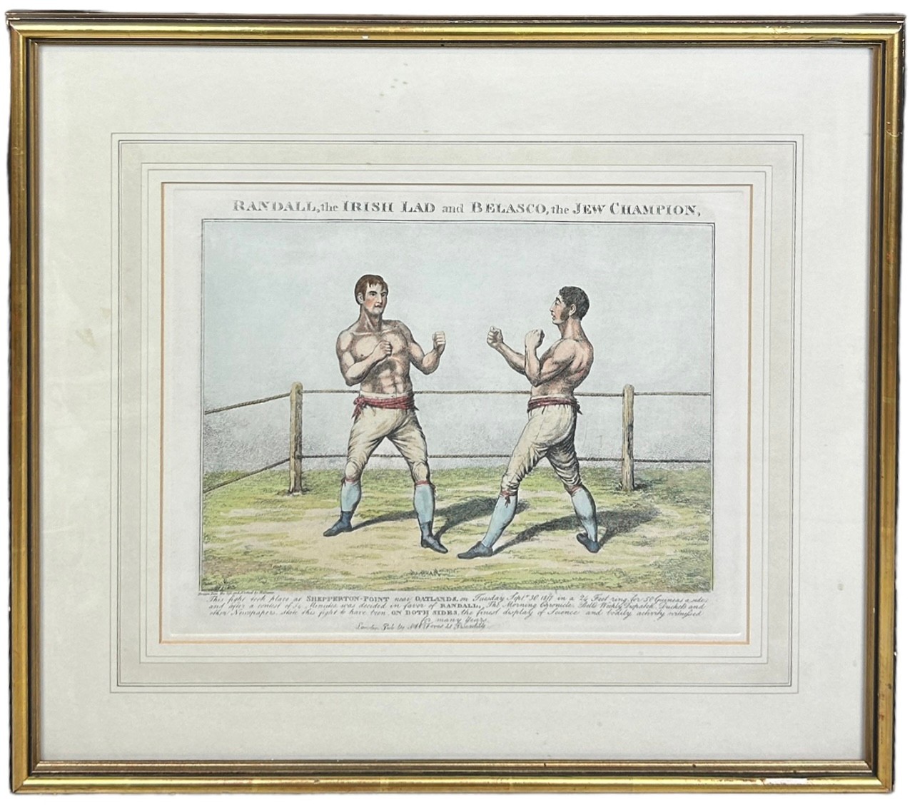 JUDAICA BOXING / PUGILIST INTEREST: A HAND COLOURED BOXING PRINT TITLED 'RANDALL, THE IRISH LAD