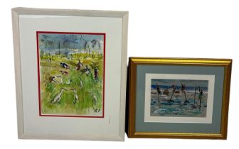A PAIR OF WATERCOLOURS BY THE SAME ARTIST DEPICTING 'RICE HARVESTERS' AND 'STILT FISHERMEN',