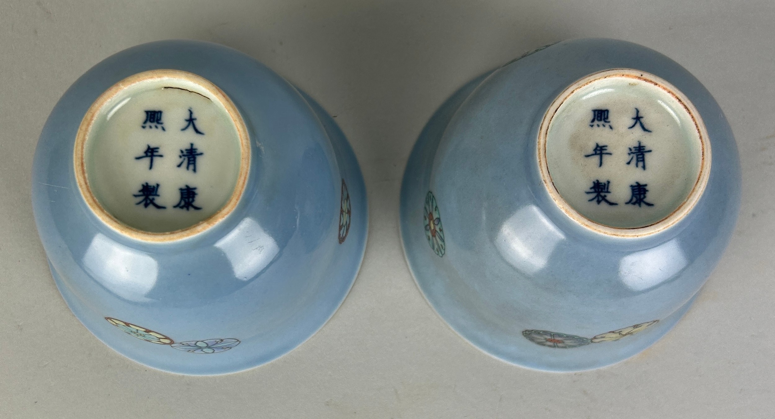 A PAIR OF CHINESE LILAC GROUND CUPS DECORATED WITH FLOWERS, Kangxi six character marks to verso, but - Image 4 of 4