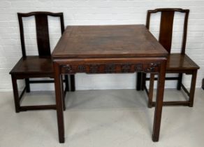 A 19TH CENTURY CHINESE ROSEWOOD OCCASIONAL TABLE CARVED WITH BATS AND AUSPICIOUS SYMBOLS ALONG