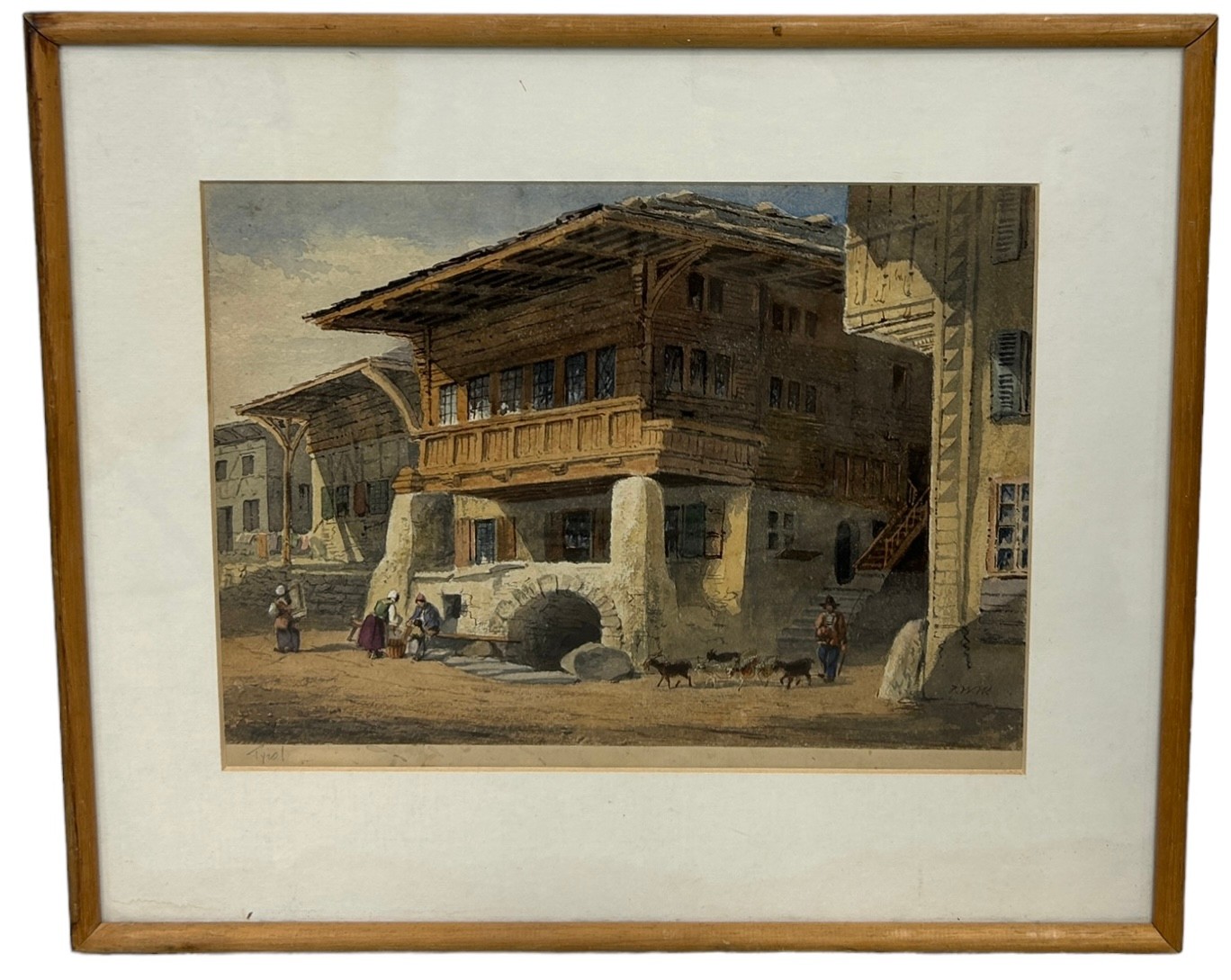 A 19TH CENTURY WATERCOLOUR PAINTING ON PAPER DEPICTING A TYROLEAN VILLAGE SCENE WITH LOCAL FOLK, - Image 2 of 5