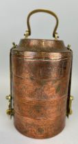 AN INDIAN COPPER TIFFIN BOX WITH BRASS HANDLES 25cm x 15cm Engraved with rabbits, figures and