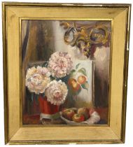 ATTRIBUTED TO TO WILL 'WILLIAM' ASHTON: AN OIL ON CANVAS PAINTING DEPICTING FLOWERS, 45cm x 37cm
