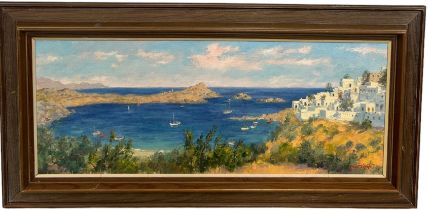 ERNEST KNIGHT (1915-1995): AN OIL ON CANVAS VIEW OF A GREEK COASTLINE POSSIBLY RODOR ISLAND IN THE