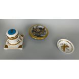 A KPM PORCELAIN AND GILT DESK INKWELL WITH ROYAL EMBLEM, Along with two Limoges dishes Inkwell
