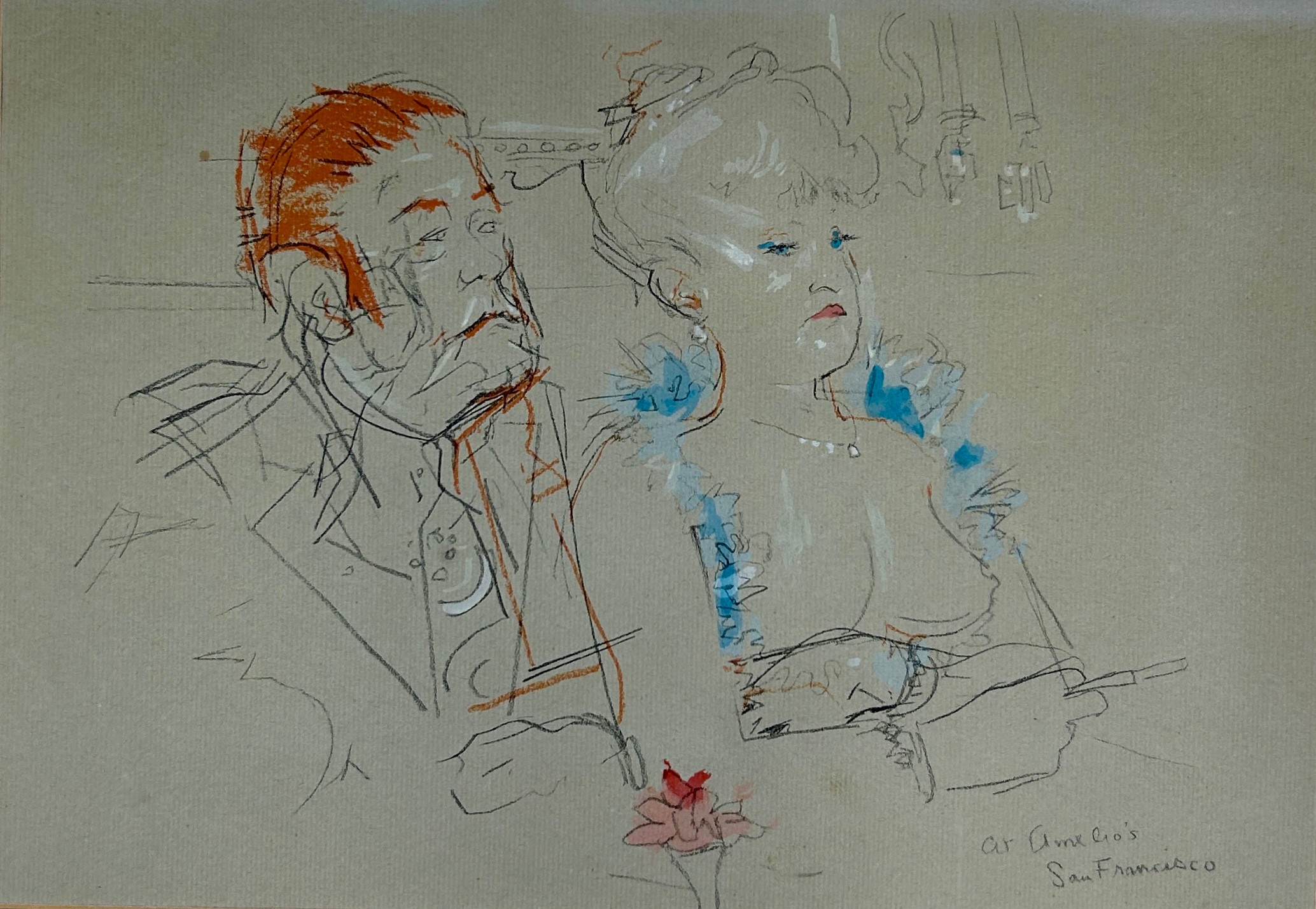 JACK LEVINE (1915-2010): 'AT AMELIO'S SAN FRANCISCO', PENCIL, PASTEL DRAWING AND WATERCOLOUR - Image 3 of 5