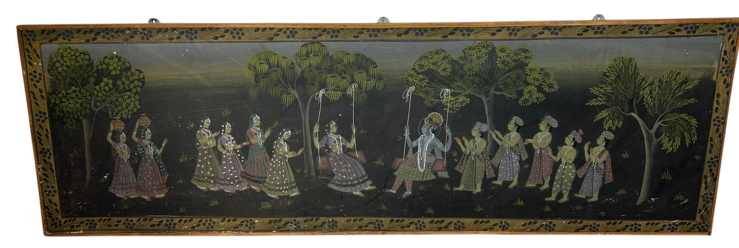 A LARGE INDIAN PAINTING ON LINEN 182cm x 59cm
