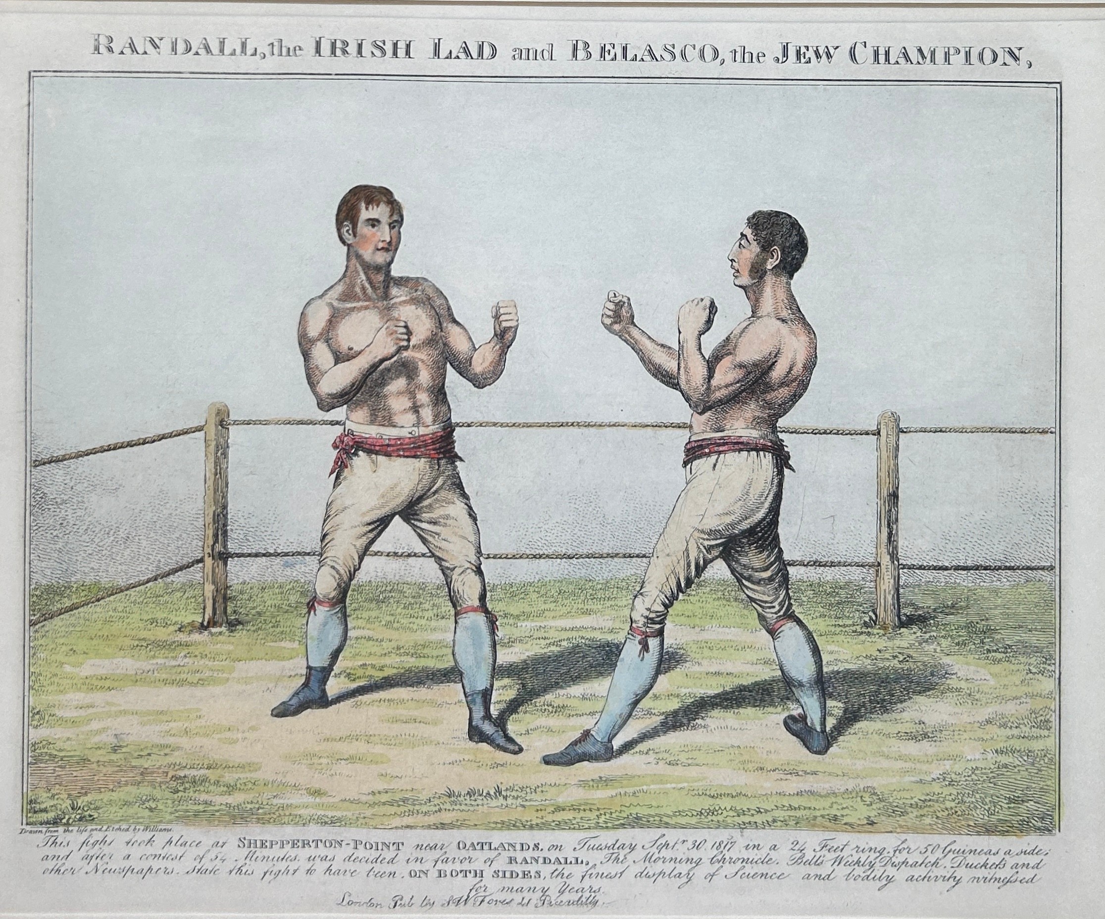 JUDAICA BOXING / PUGILIST INTEREST: A HAND COLOURED BOXING PRINT TITLED 'RANDALL, THE IRISH LAD - Image 2 of 3