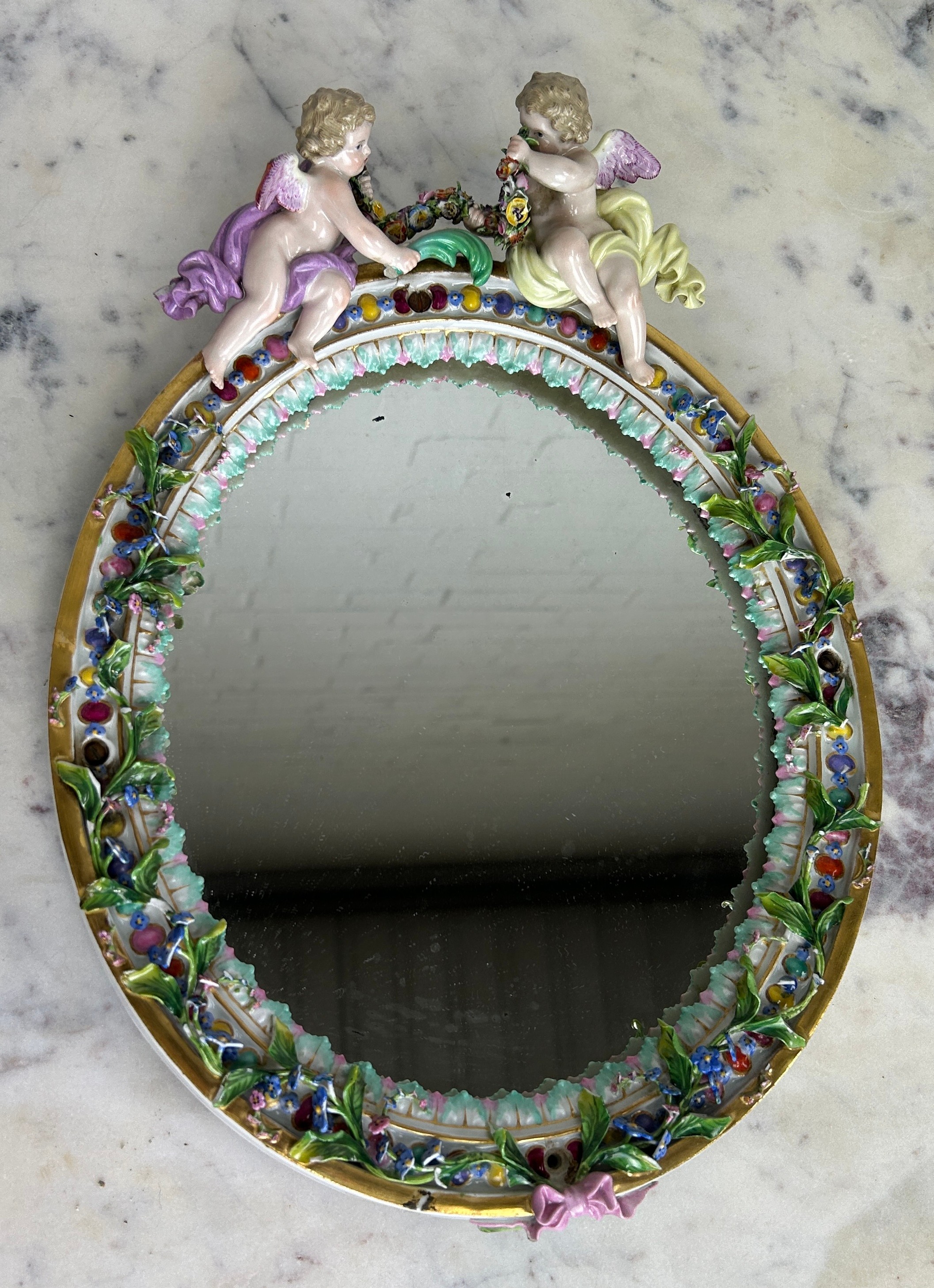 A MEISSEN PORCELAIN MIRROR WITH WINGED PUTTI CREST AND FLORAL BORDER, 34cm x 24cm - Image 2 of 6