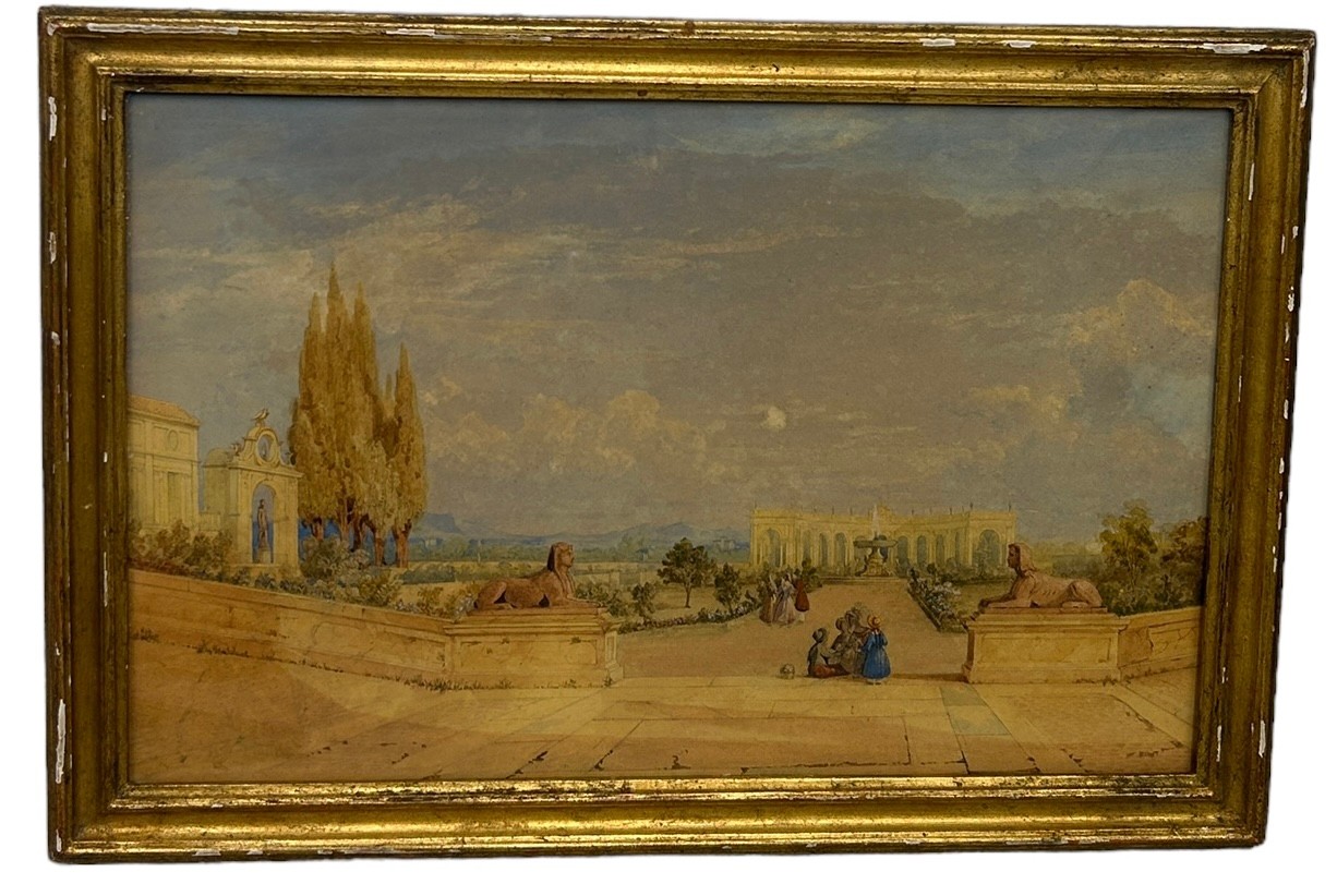 A 19TH CENTURY CONTINENTAL WATERCOLOUR PAINTING ON PAPER DEPICTING 'VIEW OF CLASSICAL STATUES IN A