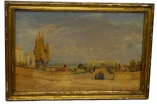 A 19TH CENTURY CONTINENTAL WATERCOLOUR PAINTING ON PAPER DEPICTING 'VIEW OF CLASSICAL STATUES IN A