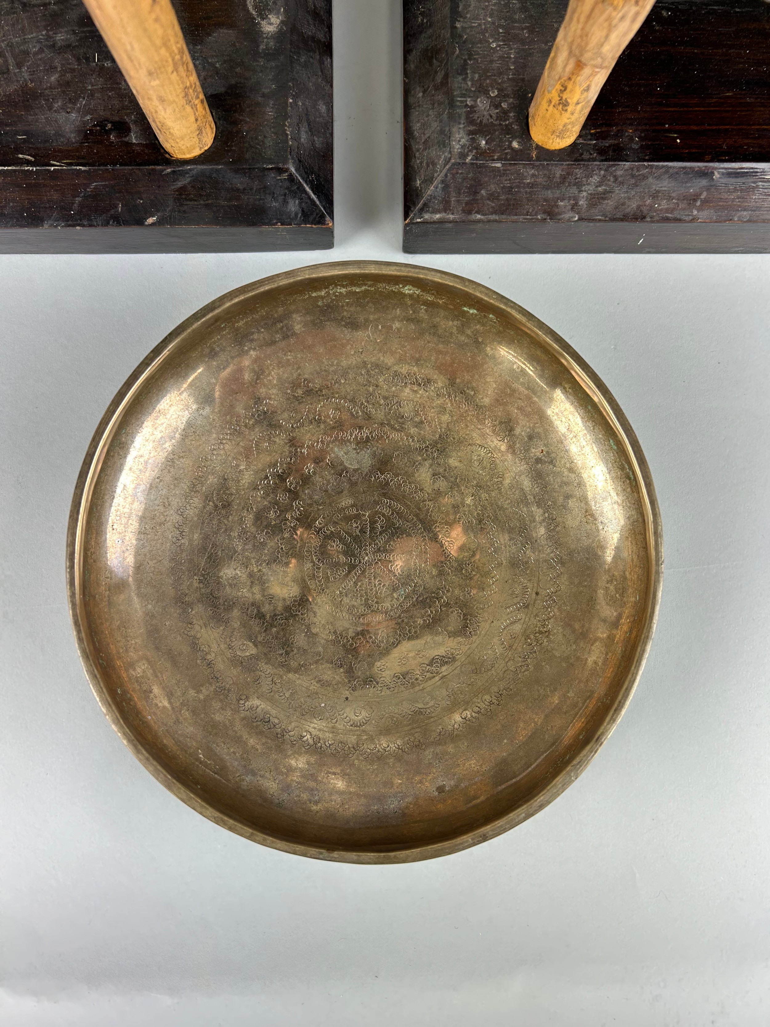 A PAIR OF BUDDHIST BRONZE ELEPHANT BELLS OR GONGS AND A SINGING BOWL (3), Each gong 43cm x 38cm - Image 4 of 5