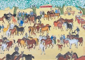 A WATERCOLOUR PAINTING ON PAPER DEPICTING A MONGOLIAN SCENE WITH HORSES, 50cm x 33cm Mounted in a