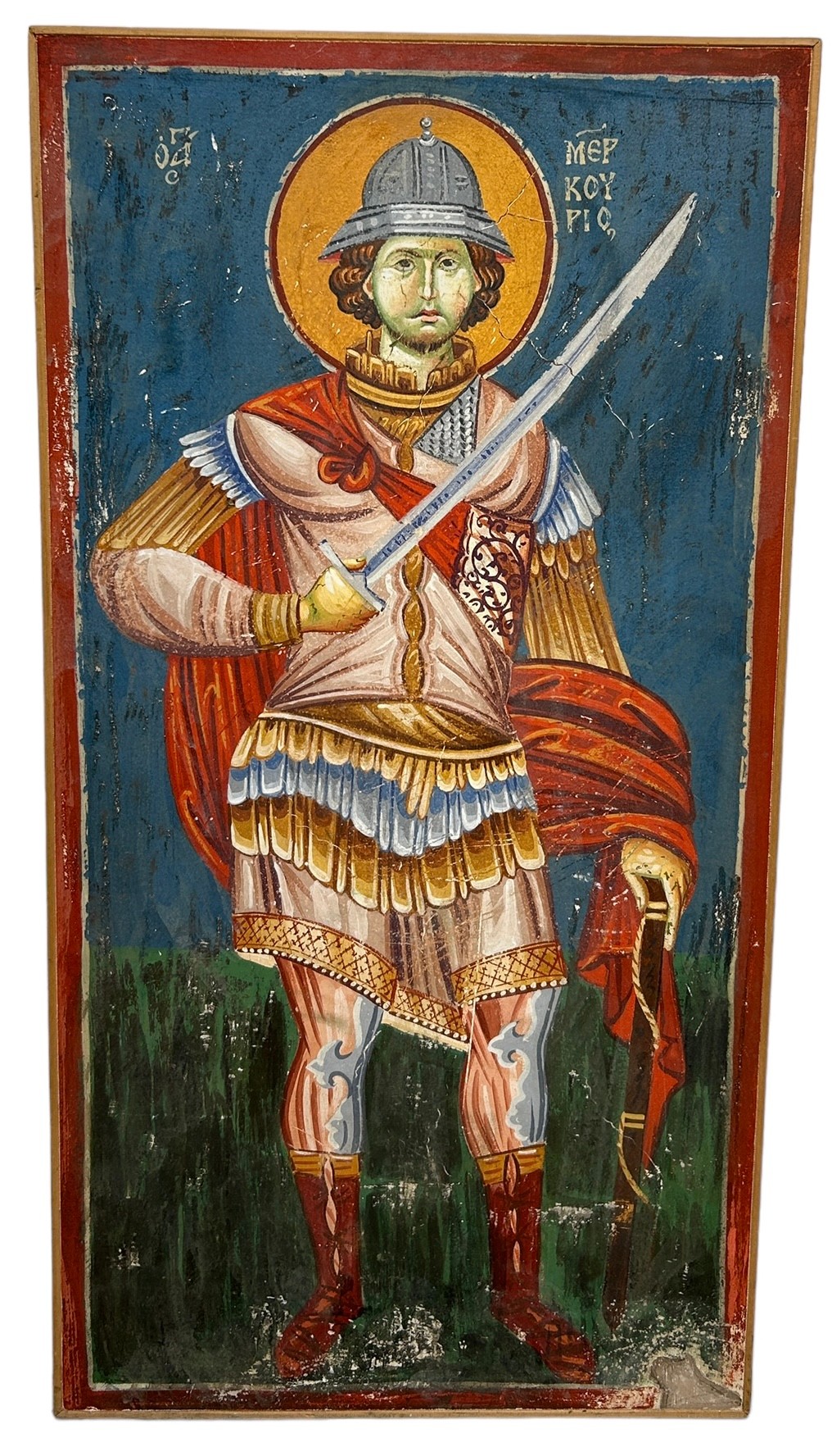 A GREEK OR RUSSIAN RELIGIOUS TEMPERA PICTURE OF A SAINT INSCRIBED 'SAINT MERKOURIOUS', 75cm x 39cm