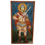 A GREEK OR RUSSIAN RELIGIOUS TEMPERA PICTURE OF A SAINT INSCRIBED 'SAINT MERKOURIOUS', 75cm x 39cm