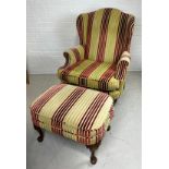 A CONTEMPORARY ARMCHAIR AND FOOTSTOOL UPHOLSTERED IN PIN KAND YELLOW STRIPED FABRIC (2) Chair