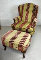 A CONTEMPORARY ARMCHAIR AND FOOTSTOOL UPHOLSTERED IN PIN KAND YELLOW STRIPED FABRIC (2) Chair