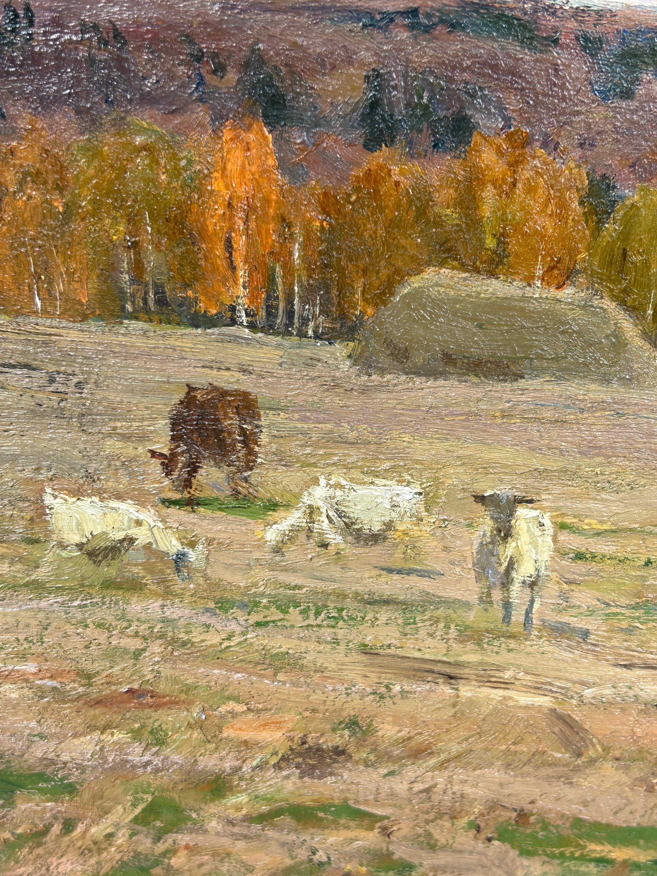 ALEKSEI MIKHAILOVICH GRITSAI (1914-1998): AN OIL ON BOARD PAINTING DEPICTING CATTLE IN A FIELD - Image 5 of 8