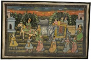 AN INDIAN PAINTING ON LINEN, Mounted in a frame and glazed. 113cm x 75cm