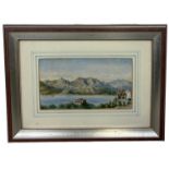 A 19TH CENTURY CONTINENTAL WATERCOLOUR PAINTING ON PAPER DEPICTING A LAKE SCENE WITH CHATEAU, 21cm x