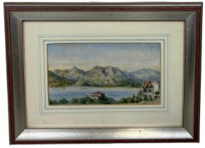 A 19TH CENTURY CONTINENTAL WATERCOLOUR PAINTING ON PAPER DEPICTING A LAKE SCENE WITH CHATEAU, 21cm x