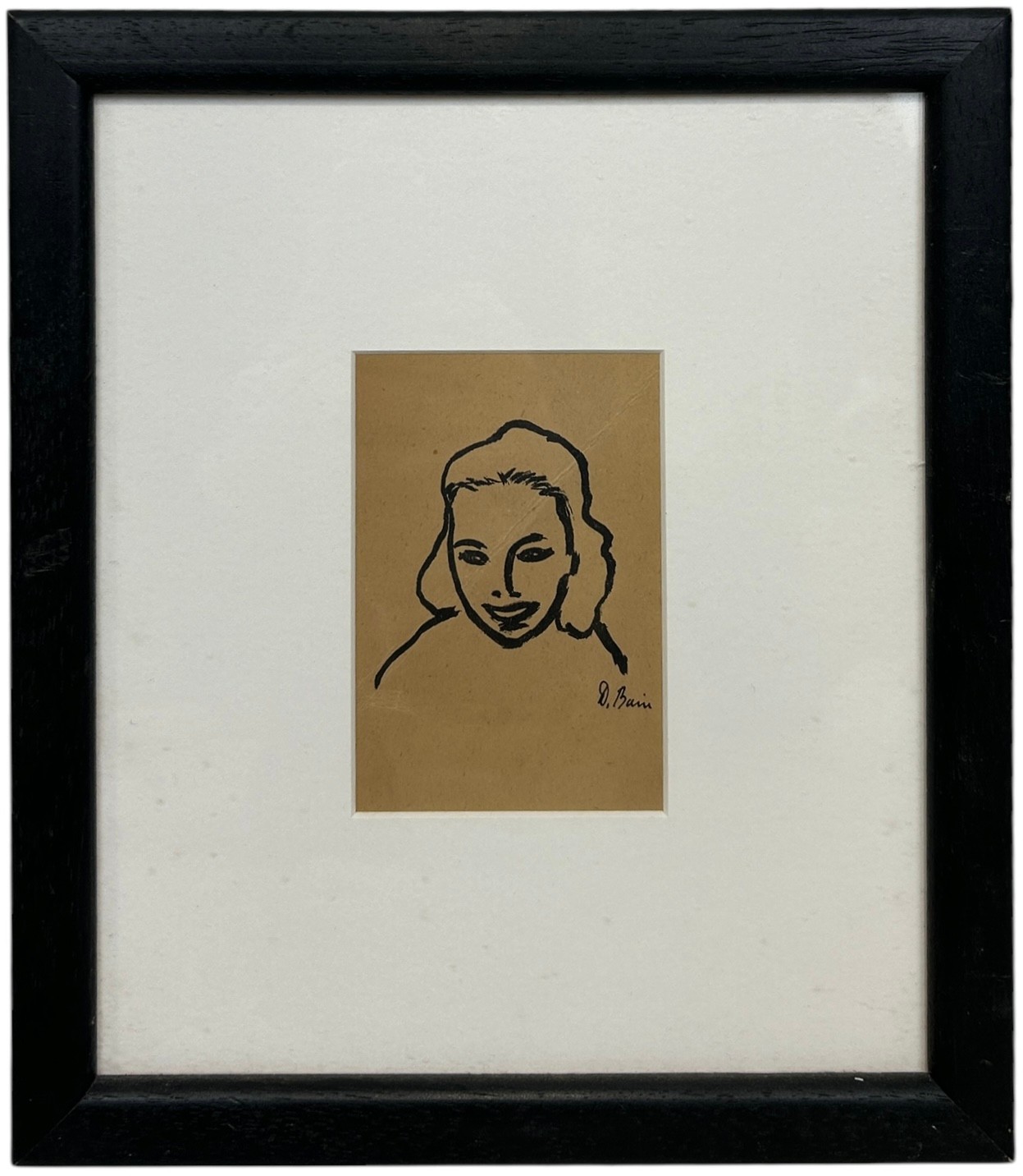 DONALD BAIN (SCOTTISH 1904-1979): A PEN ON PAPER DRAWING OF A LADY'S HEAD AND SHOULDERS, 11cm x