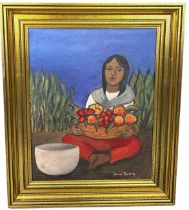 AFTER DIEGO RIVERA (1886-1957): AN OIL ON CANVAS PAINTING OF A GIRL WITH A BASKET OF FRUIT, Signed