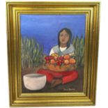 AFTER DIEGO RIVERA (1886-1957): AN OIL ON CANVAS PAINTING OF A GIRL WITH A BASKET OF FRUIT, Signed