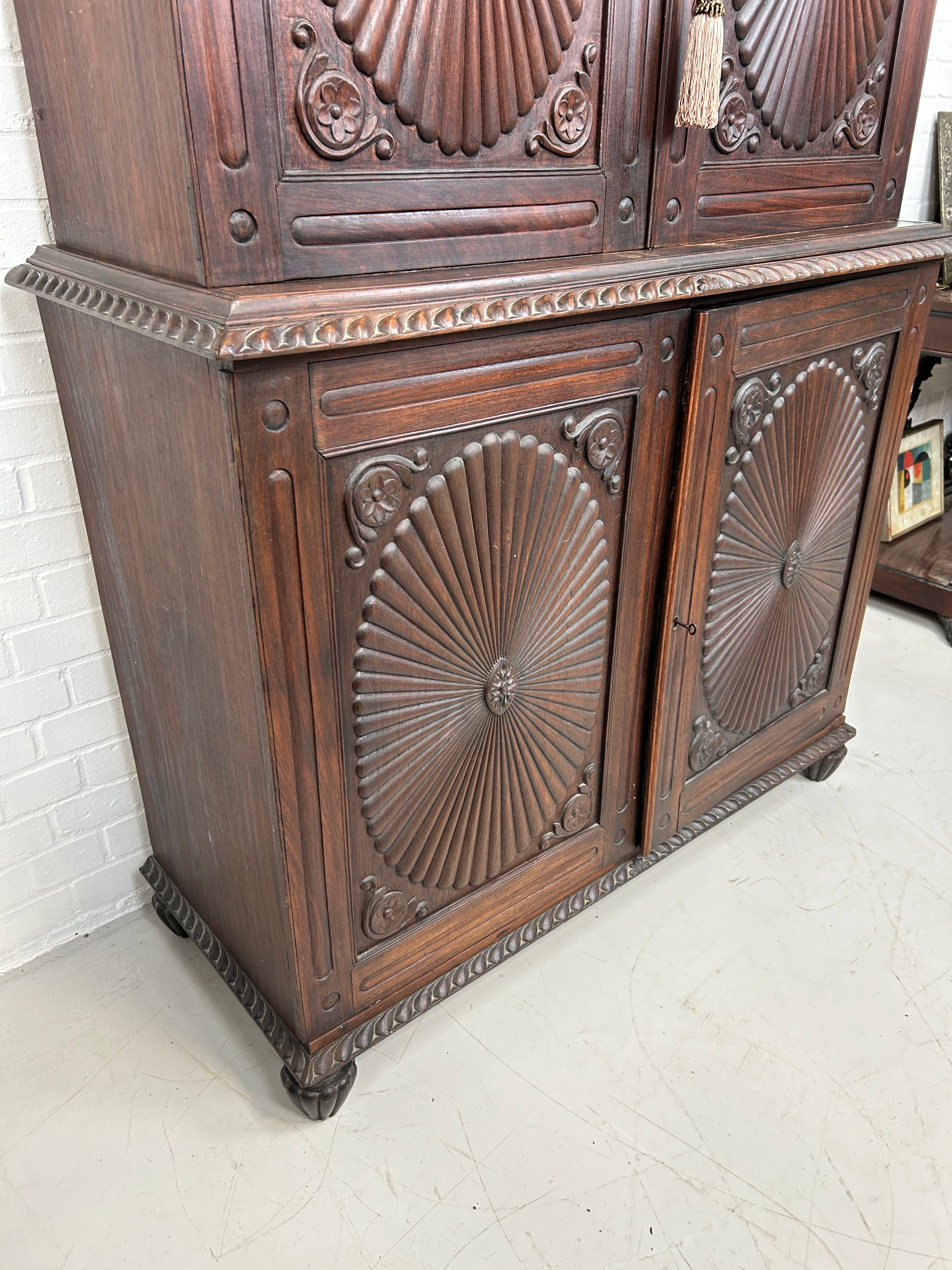 A 19TH CENTURY ANGLO INDIAN ROSEWOOD SECTIONAL WARDROBE WITH SUNBURST DESIGN PANELS, 194cm x 120cm x - Image 6 of 9