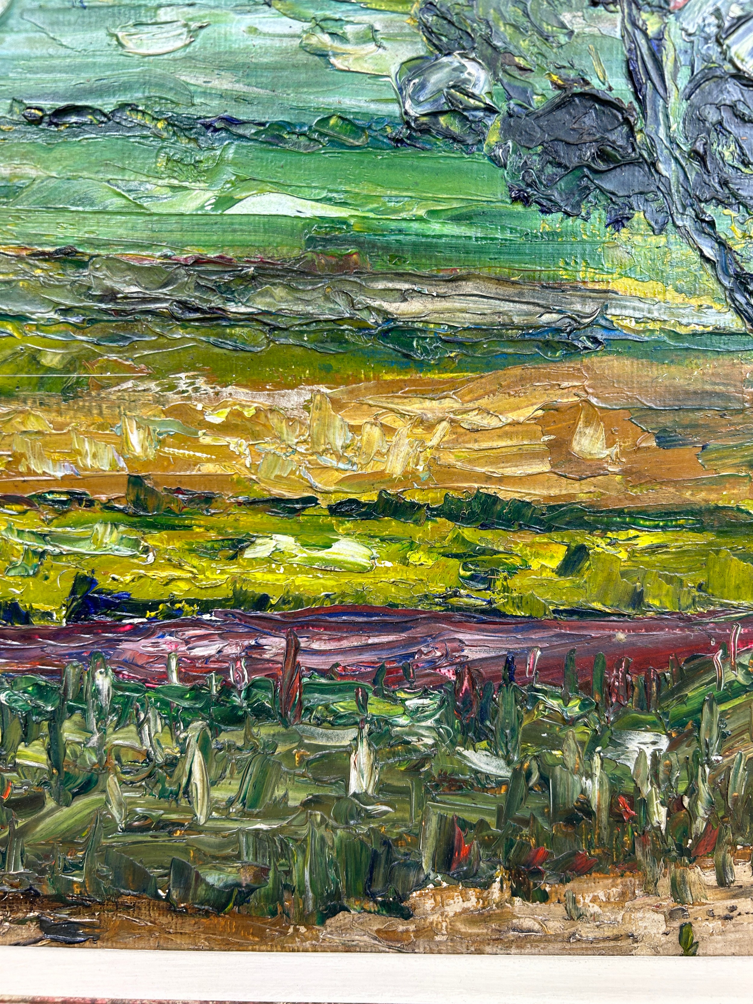 FREDERICK GORE (BRITISH 1913-2009): AN OIL ON BOARD IMPASTO PAINTING DEPICTING FIELDS IN PROVENCE, - Image 6 of 7