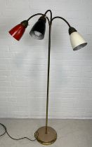 A MID CENTURY DESIGN STANDARD LAMP WITH THREE LIGHTS AND COLOURED METAL SHADES, 135cm H